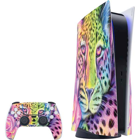 Neon Rainbow Cheetah with Rose by Sheena Pike PlayStation PS5 Skins